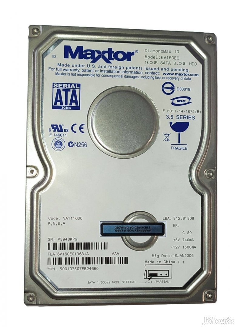 Maxtor 160GB HDD merevlemez SATA 3.5" 98/100 #8Kpg