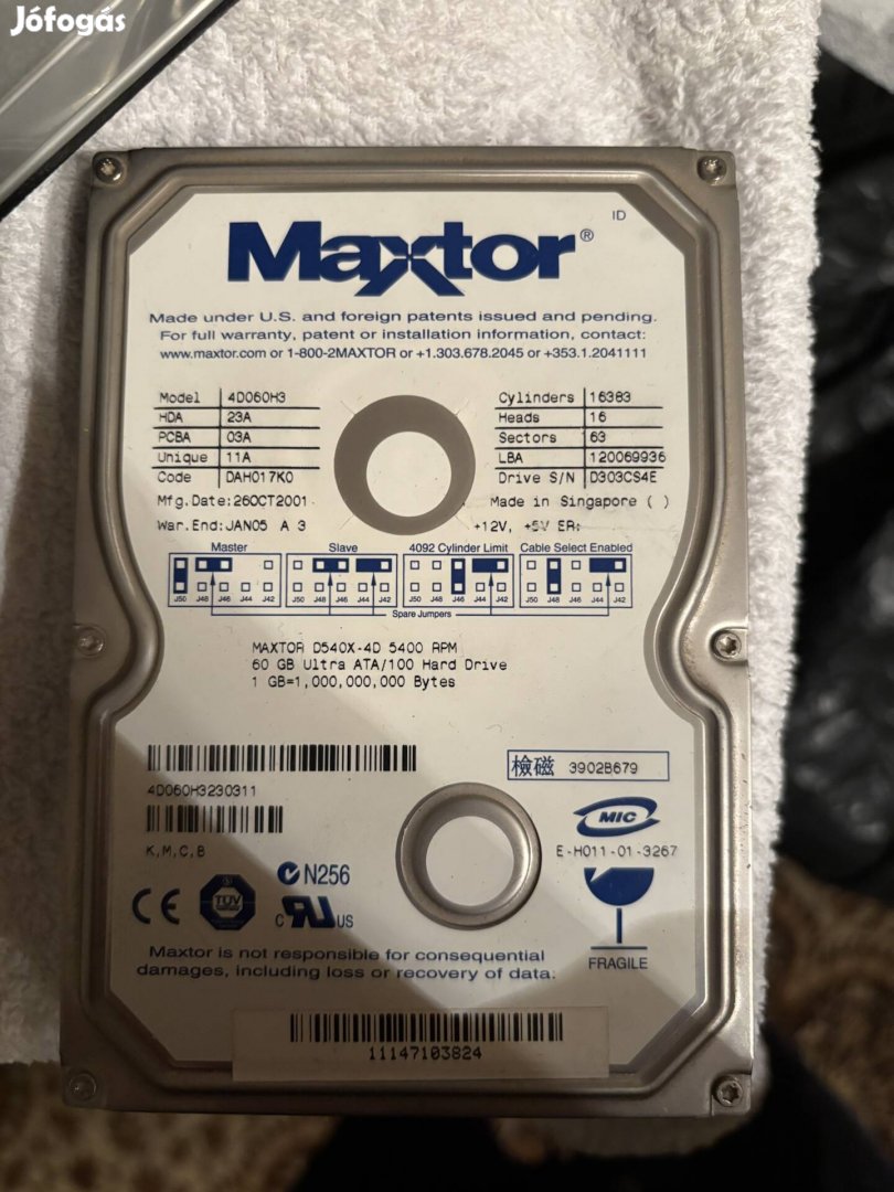 Maxtor 60Gb IDE 3,5" merevlemez IDE 4D060H3