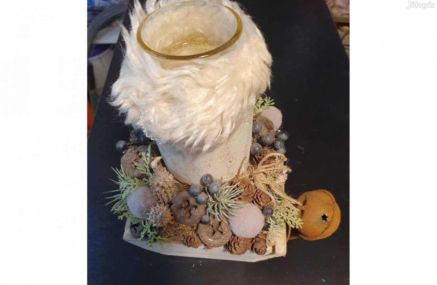 Mécses gyertya tartó száraz virág asztaldísz kompozíció fa doboz