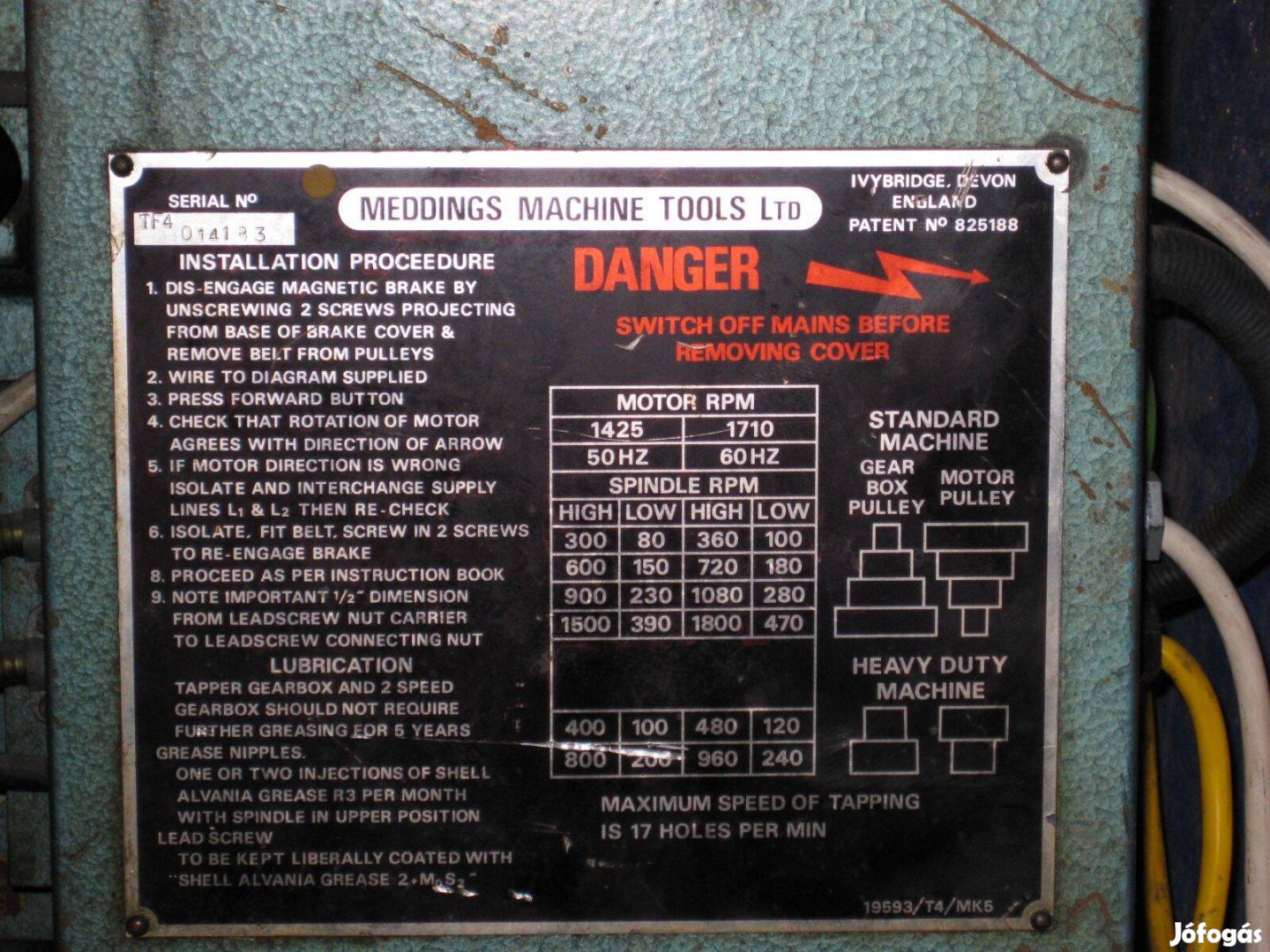 Meddings TF4 UK(Angol) félautomata Menetfúró Gép (0,75 Kw ~380V)