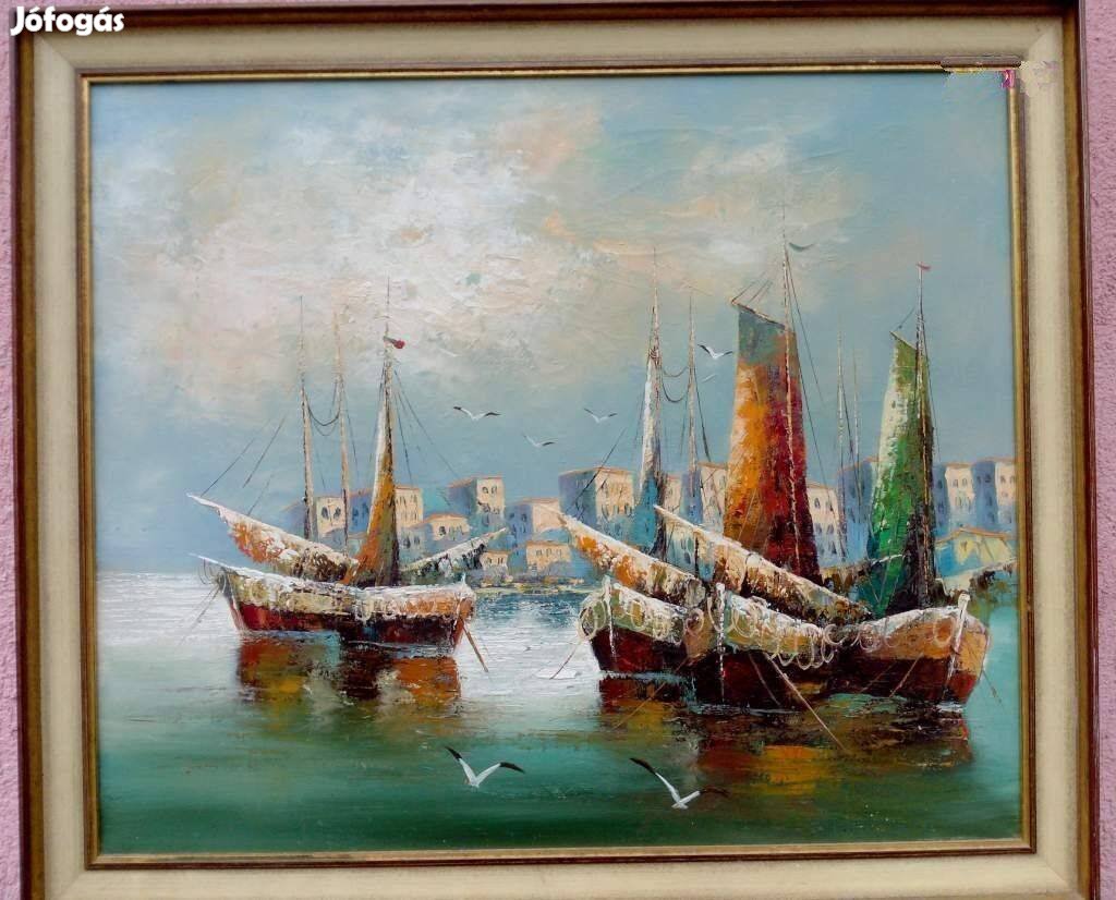 Mediterrán kikötő halász vitorlásokkal, és sirályokkal, keretezett imp