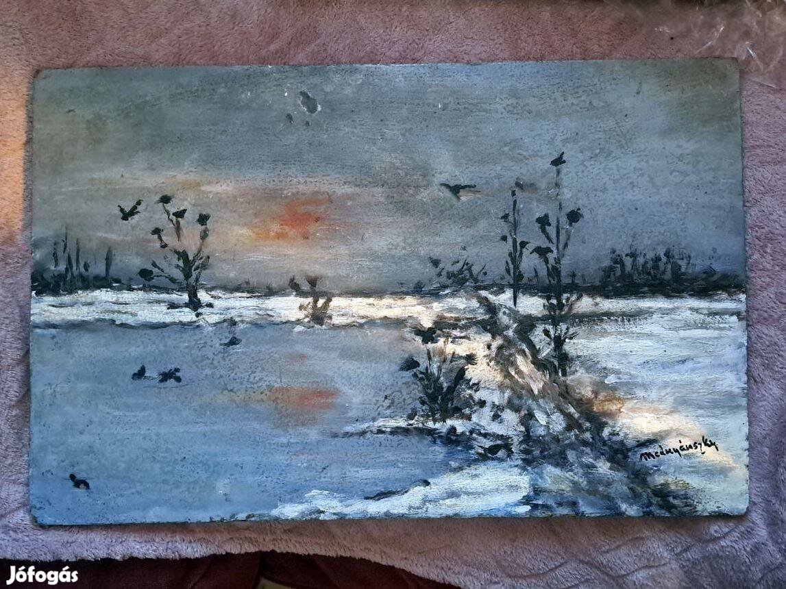 Mednyányszky jelzéssel téli táj varjakkal. Olaj, fa. 40x25 cm