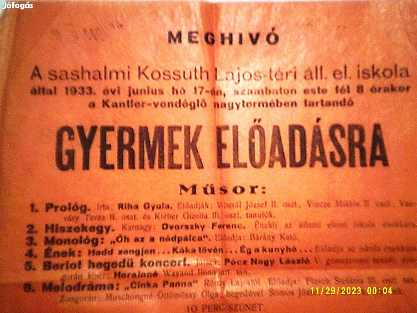 Meghívó a sashalmi elemi iskola műsoros estjére (1933)