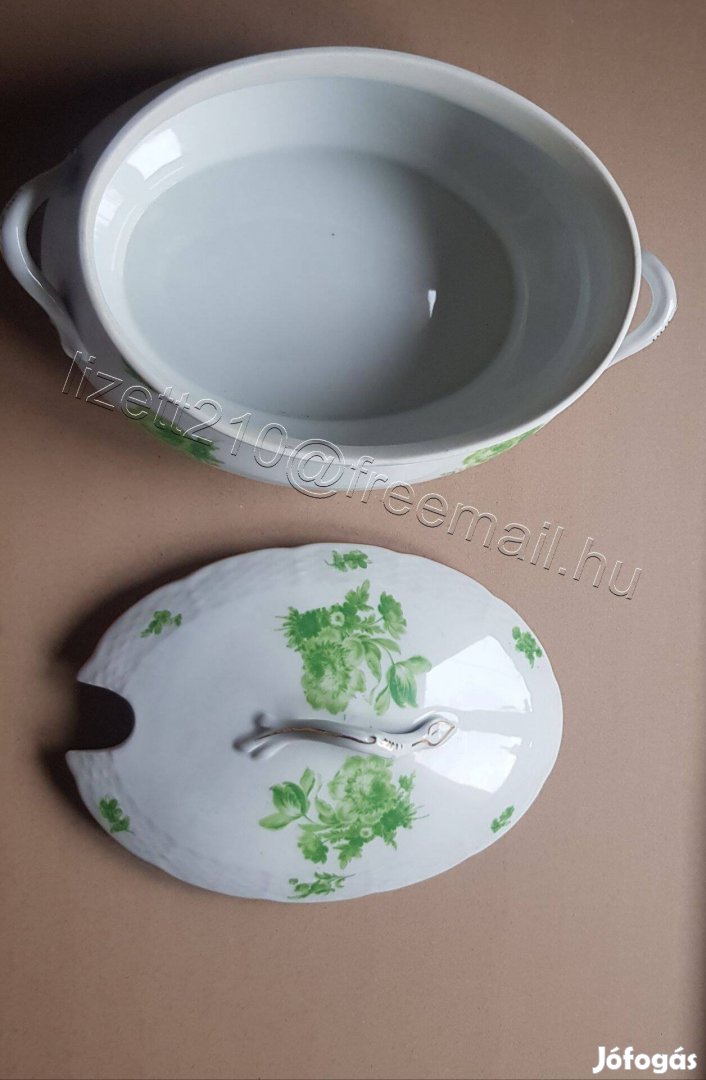 Meisseni zöld virágmintás ovális porcelán leveses tál fedővel