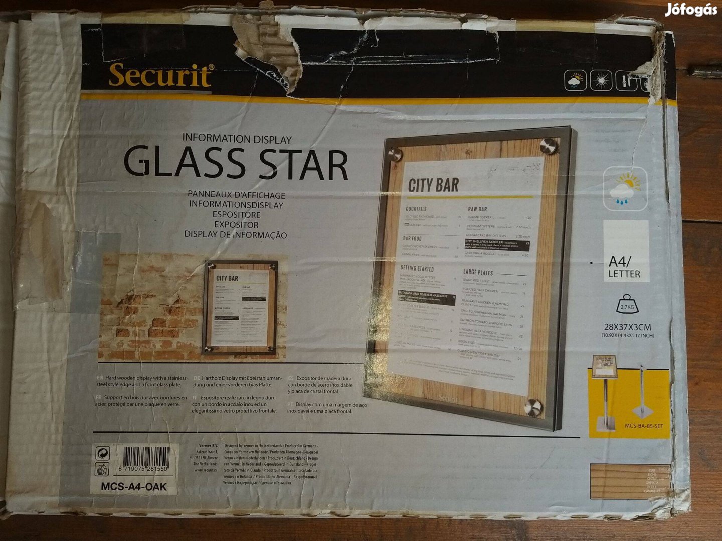 Menütartó tábla Securit Glass Star 1xA/4, tölgy szín