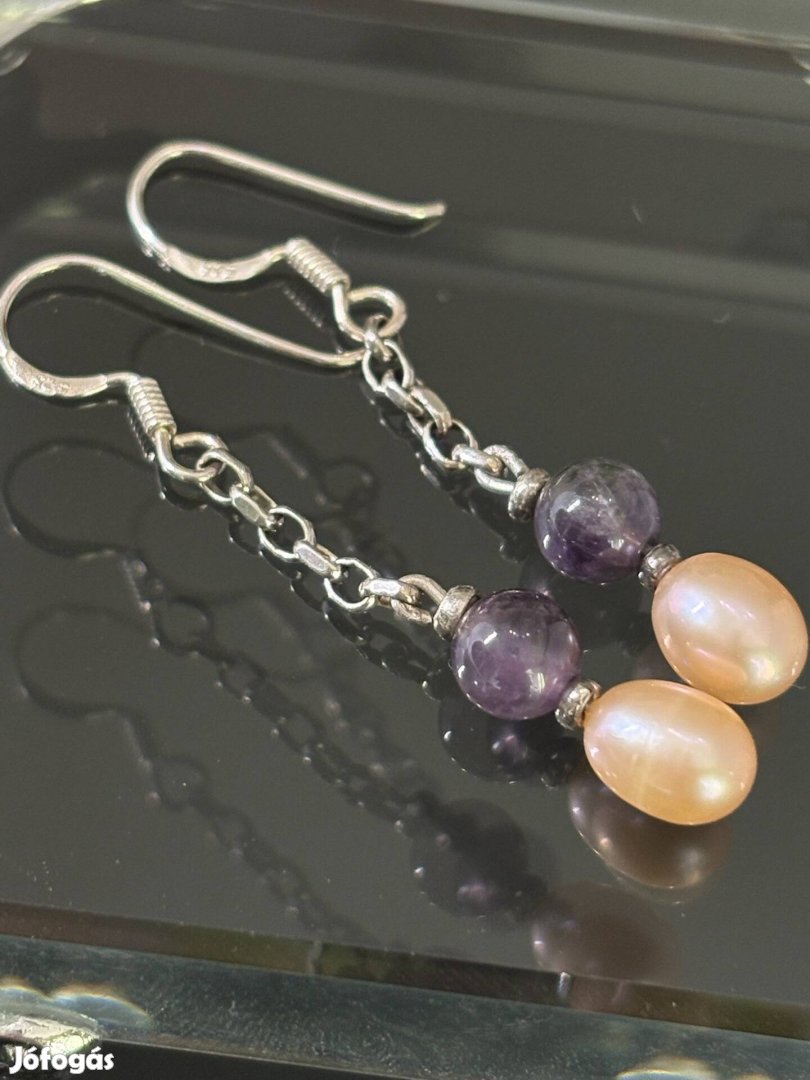 Mesés ezüst fülbevaló pár, Ametiszt, és édesvízi Gyöngye