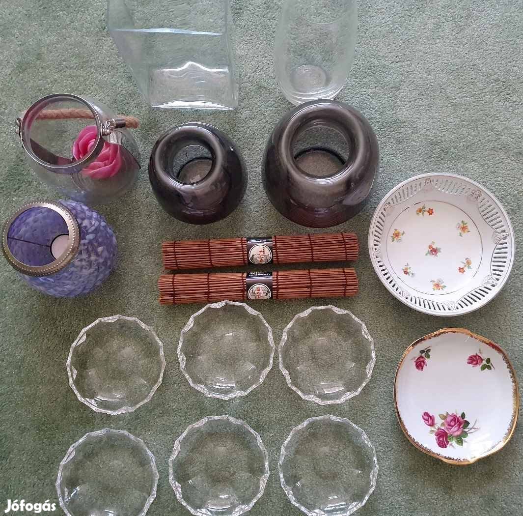 Meseszép, romantikus tányérok, bambusz alátétek újak, vázák