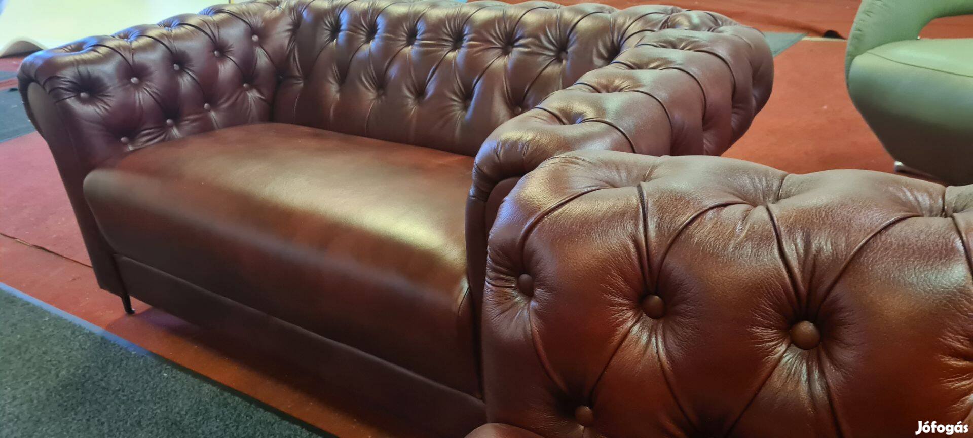 Mestermunka:Új chesterfield bordó valódi bőr kanapé + fotel 599eft