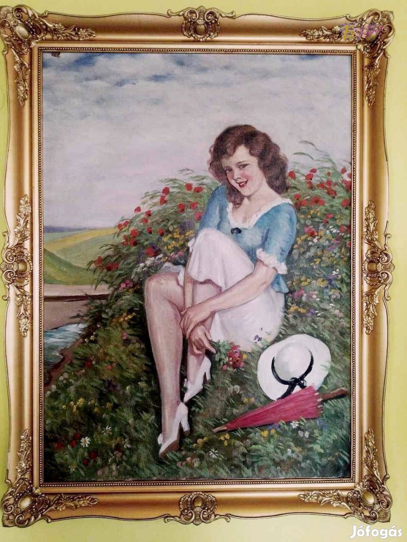 Mezei virágok között pihenő ifjú hölgy, antik olaj-vászon festmény, Il