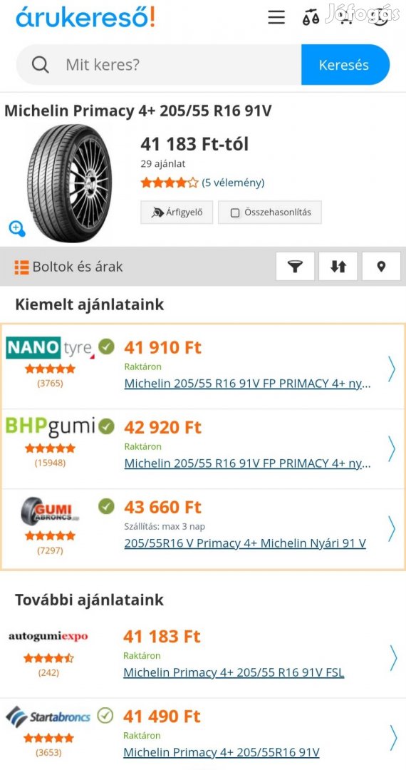 Michelin Primacy 4 205/55R16 nyári gumi szett