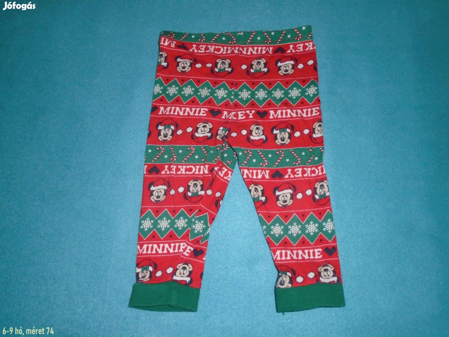 Mickey egér mintás piros és zöld nadrág 6-9 hó méret 74