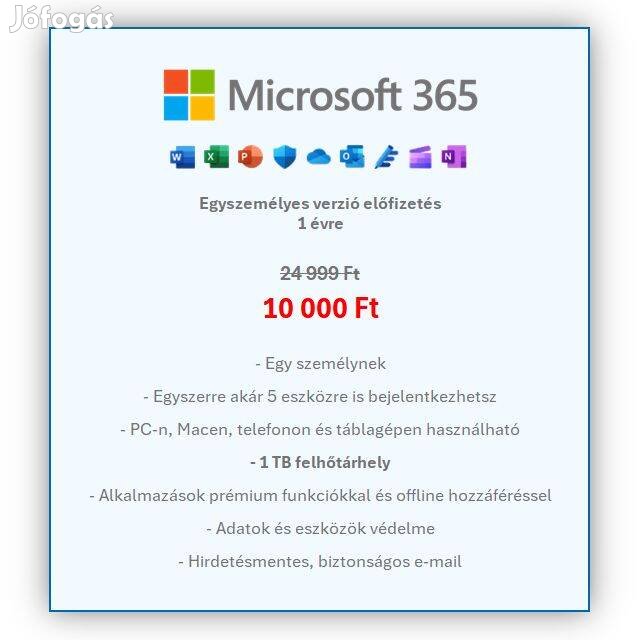 Microsoft 365 (Office) 1 éves előfizetés + 1 TB Onedrive felhőtárhely