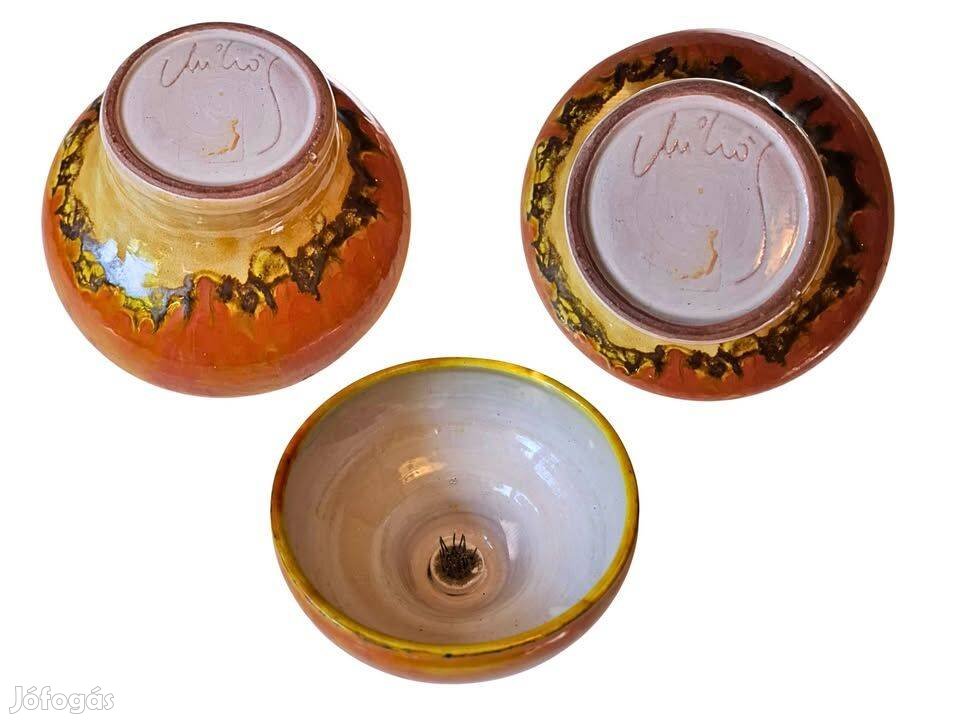 Mihály Béla festett kerámia ikebana, viragrendező tál