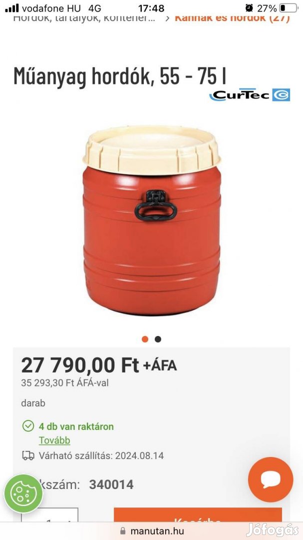 Minőségi, műanyag hordó, mézes, cefrés, savanyúságos, 60L