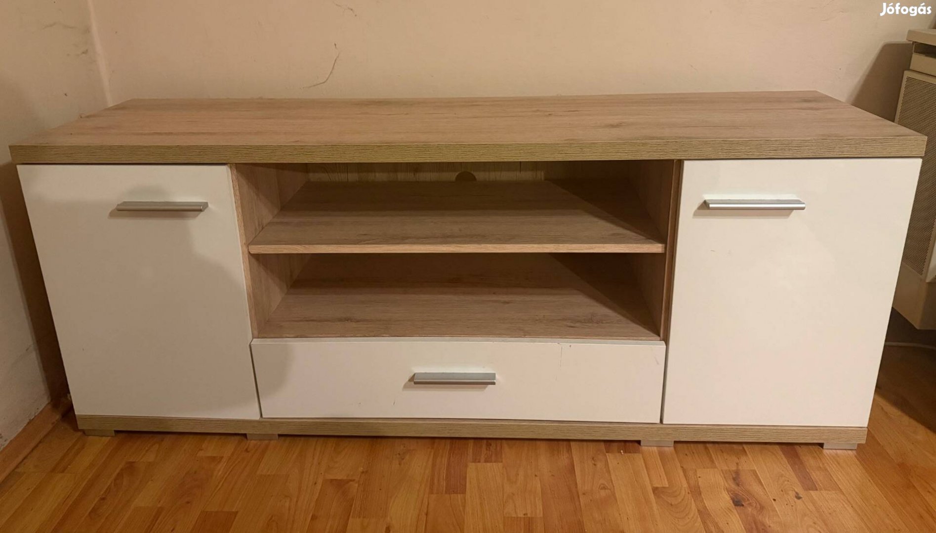 Modern Fehér TV Állvány Üvegpolccal És Zárt Tárolókkal