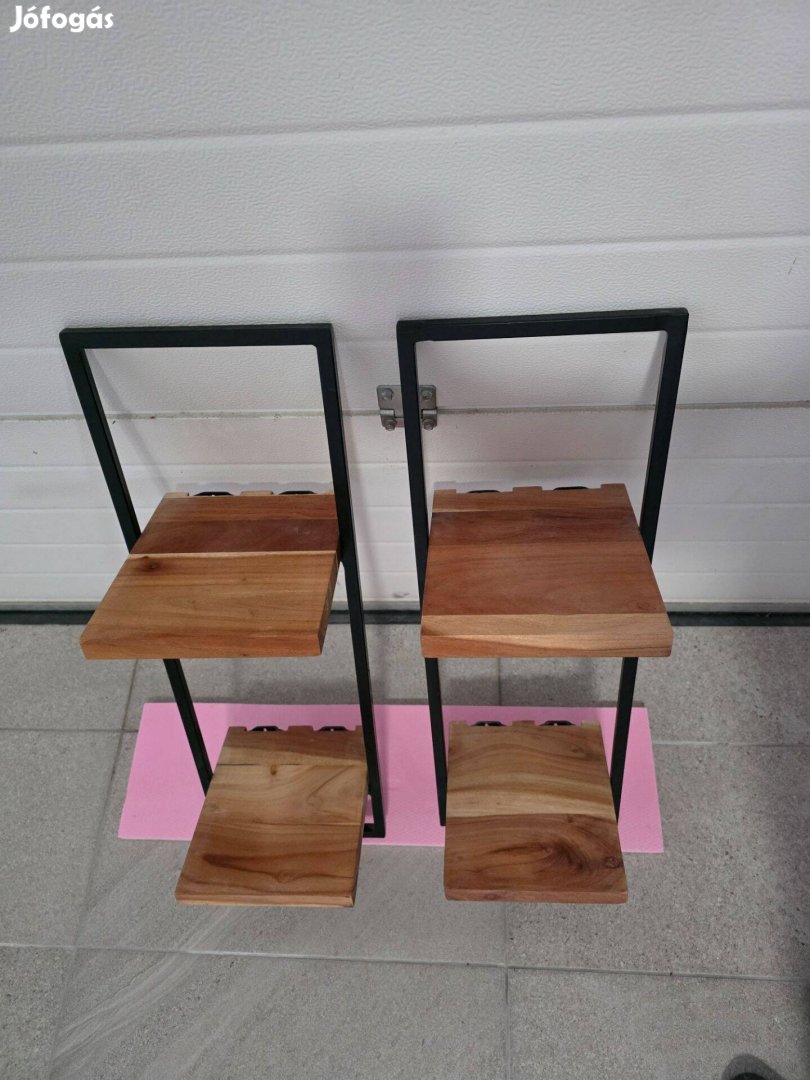 Modern indusztriális akácfa fali polc, fekete acélvázzal, 2