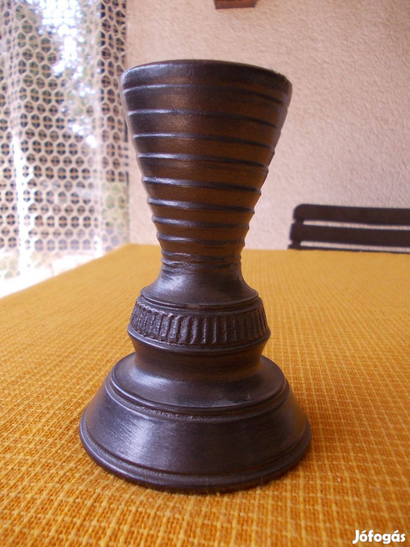 Mohácsi fekete kerámia váza + gyertyatartó Lakatos L. iparművész