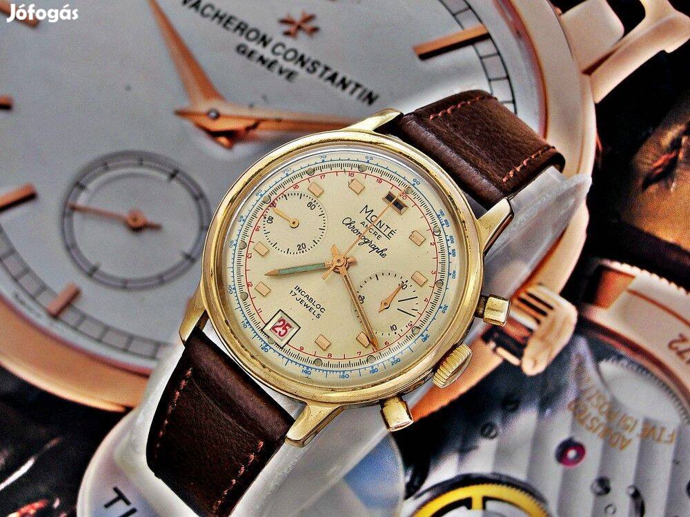 Monté Ancre Chronograph óra az 1970-es évekből bőrszíjjal Valjoux7734