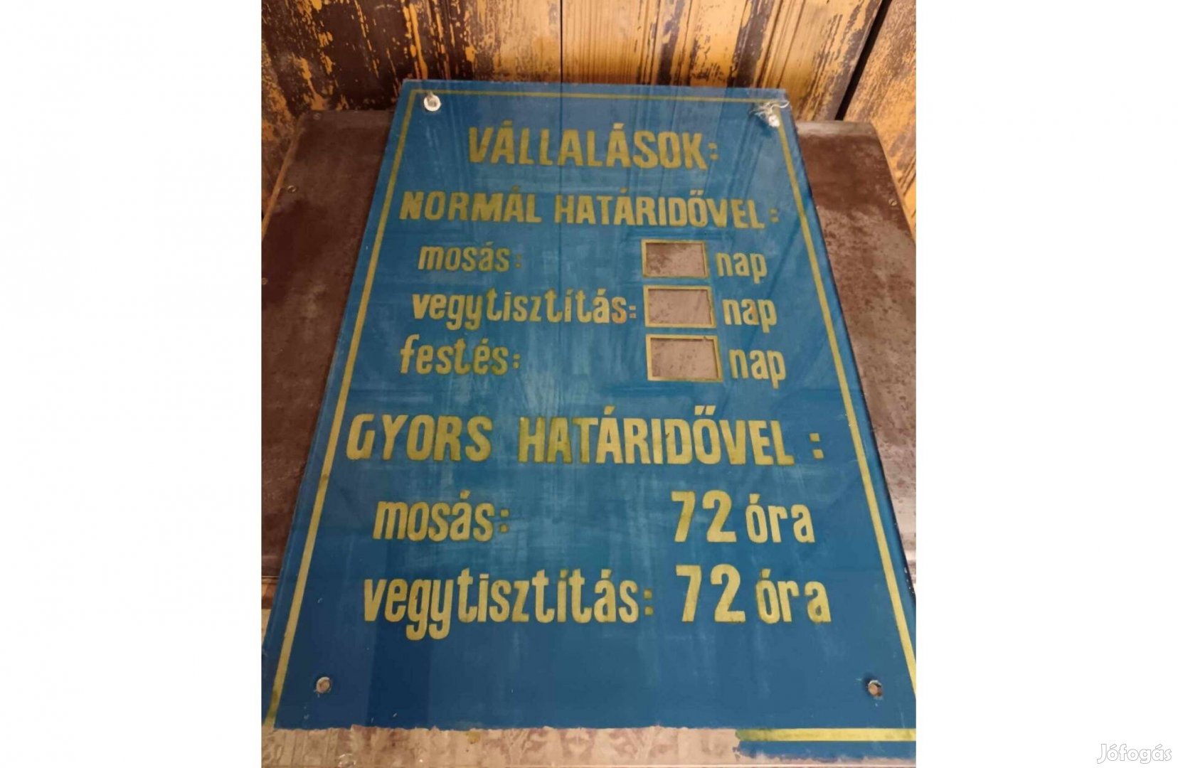Mosodai tábla, festett üvegtábla, "Vállalások" a szolgáltatással kapcs