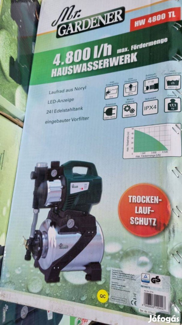 Mr.Gardener hidrofor rozsdamentes tartállyal, 1400W-os házi vízmű