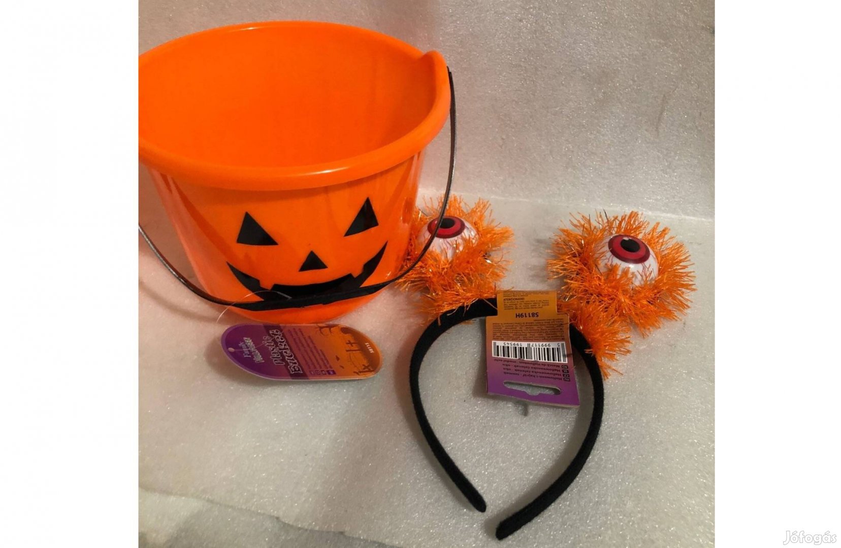 Műanyag Halloween vödör tök mintás - 20 x 15 cm + szem hajráf