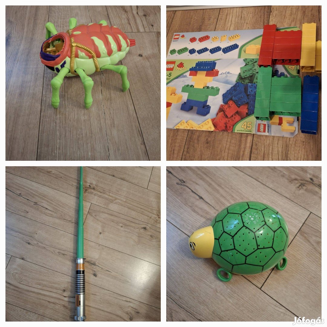 Műanyag pók, jedi fénykard, Lego duplo, teknős éjjeli fémy