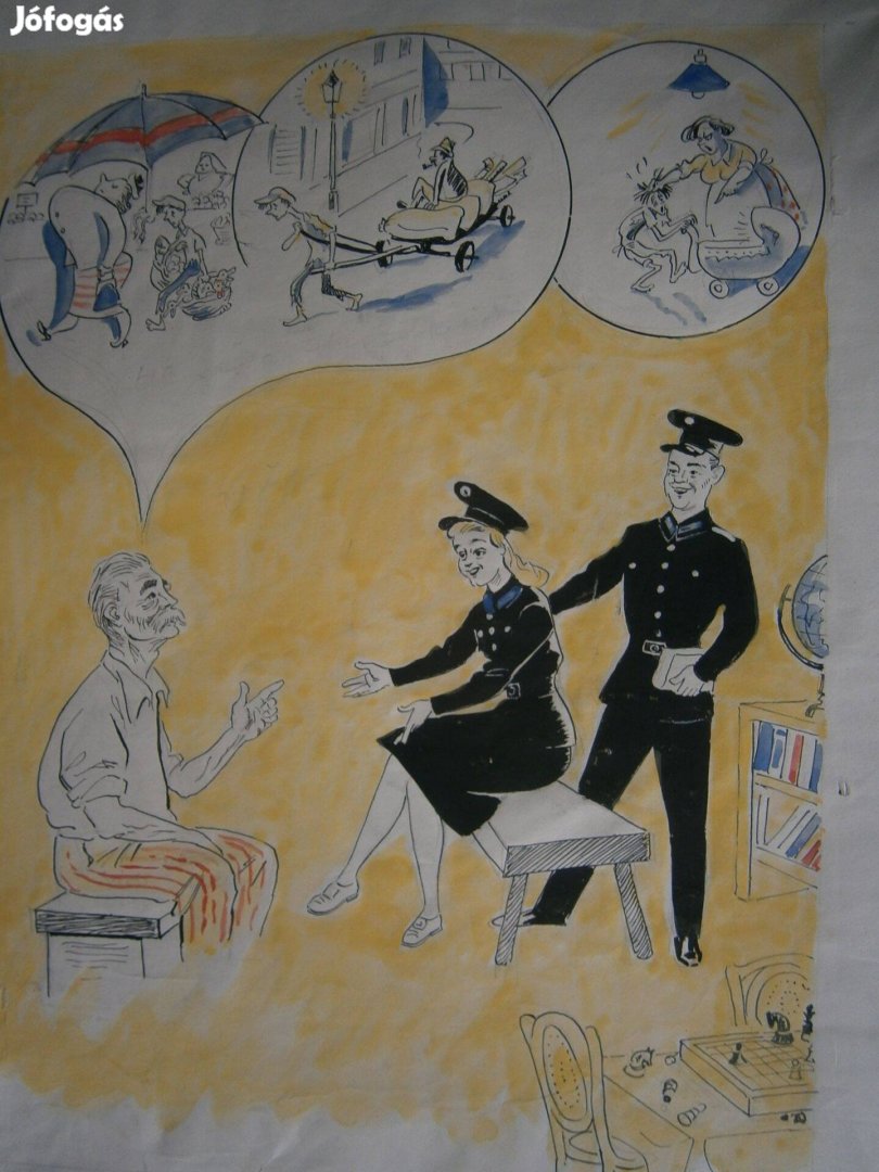 Múlt és jelen 50-es évekbeli karikatúra eredeti tusrajz 38x47 cm jelzé