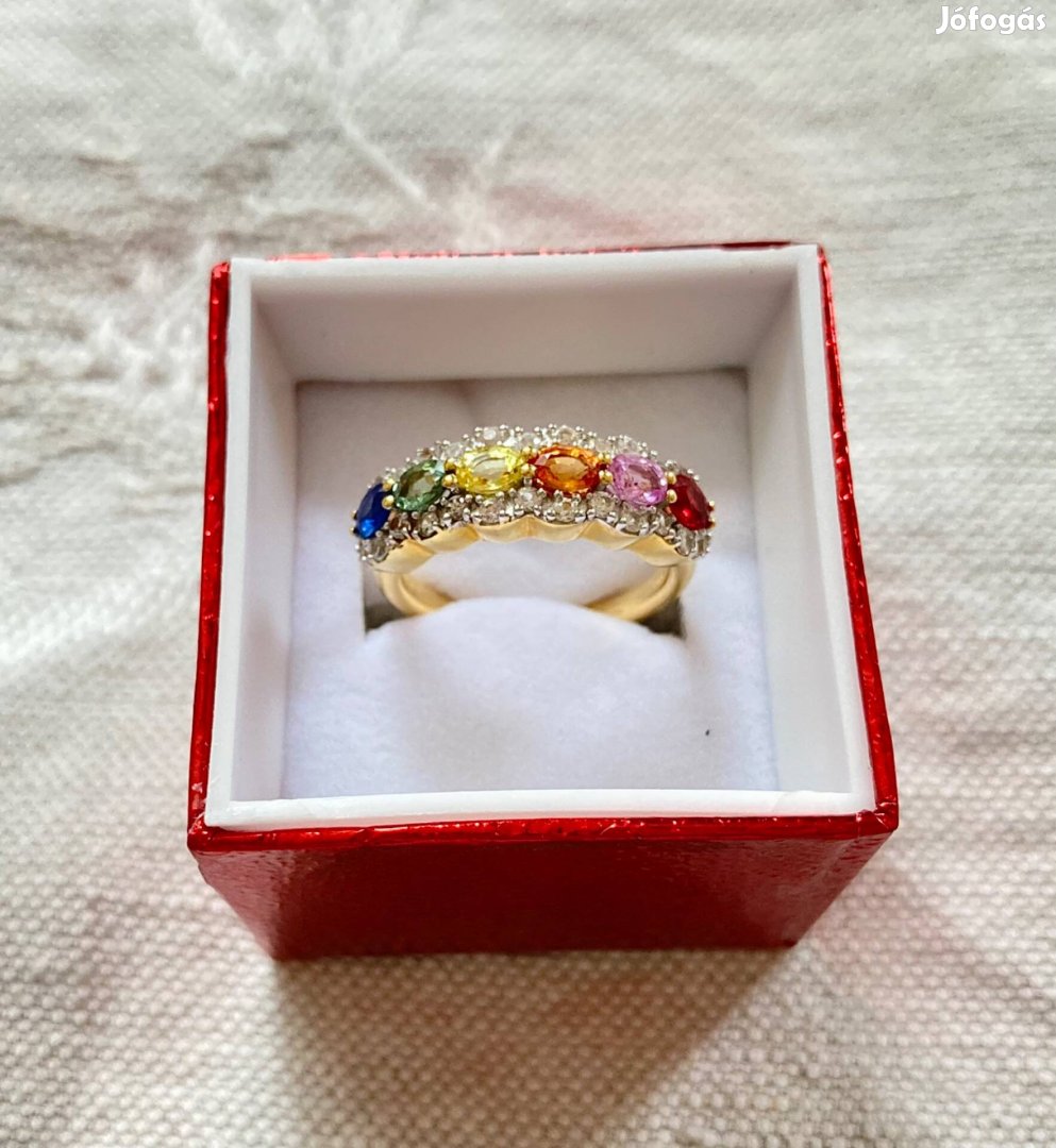 Multikolor zafír+topáz aranyozott gyűrű