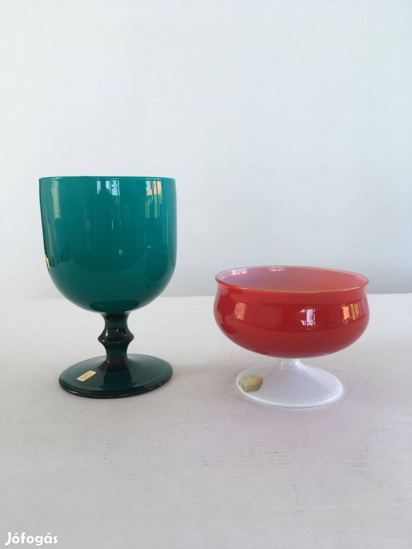 Murano 2db retro opálüveg pohár: türkizkék - fehér / piros - fehér