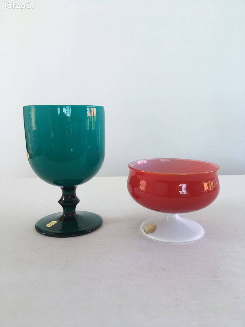 Murano 2db retro opálüveg pohár: türkizkék-fehér / piros-fehér