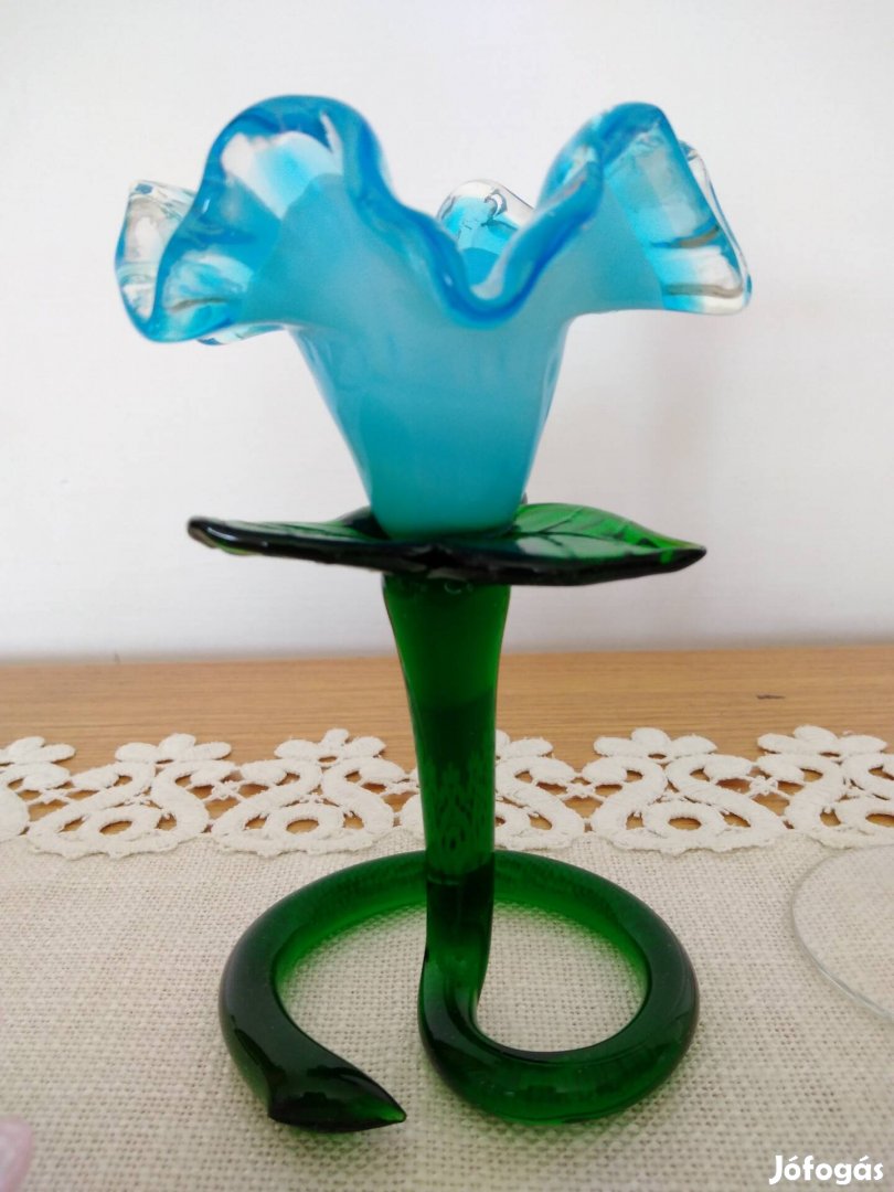 Muránói üveg gyertyatartó kék zöld virág formájú 