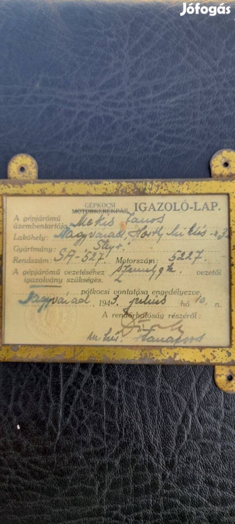 Múzeális,82 éves forgalmi engedély eladó