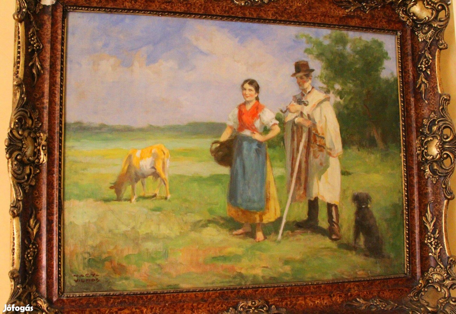 Nagy Vilmos Gulyás a kedvesével eredeti festmény cca. 1900-ból