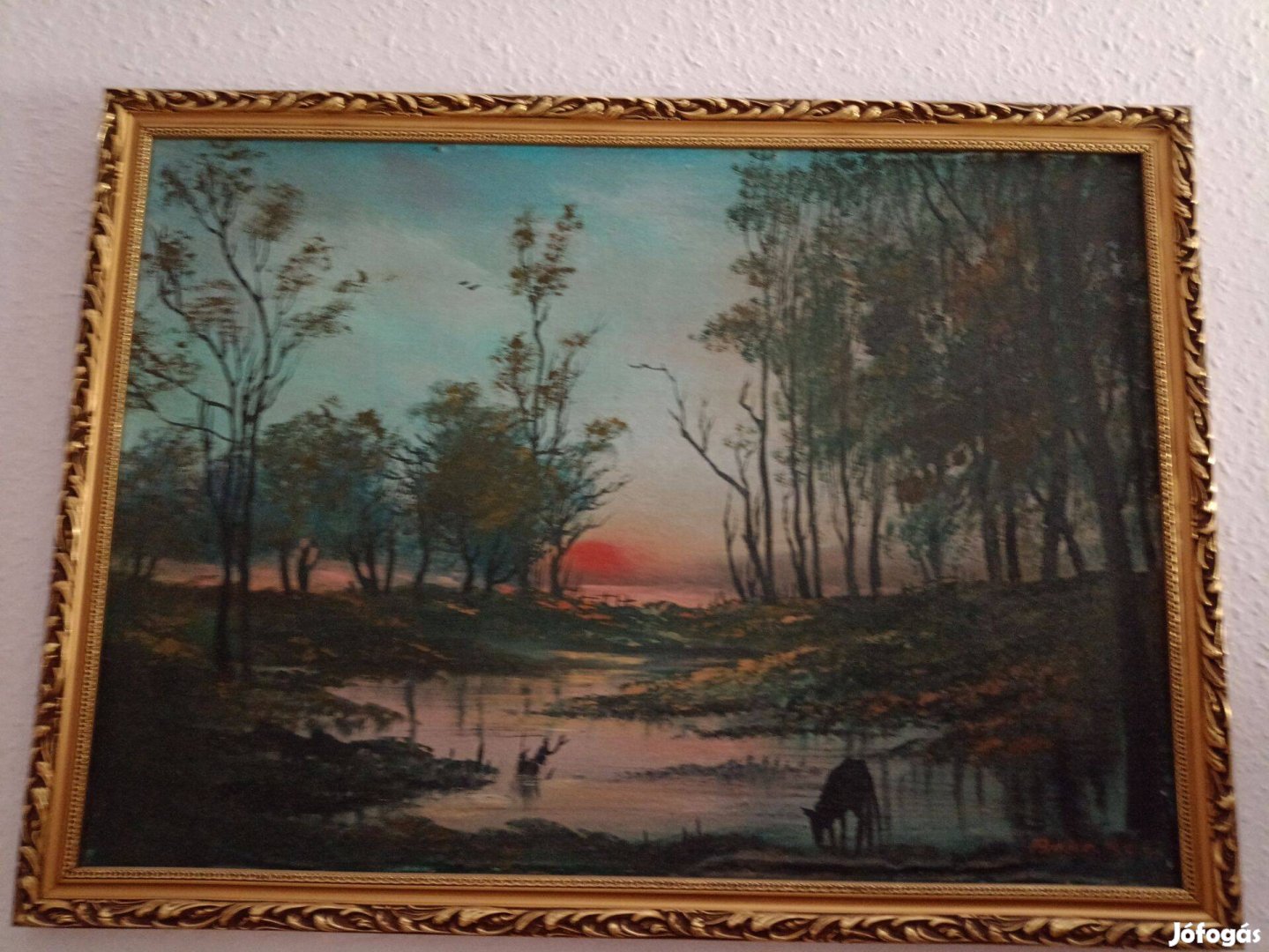 Nagy méretű naplemente témájú szignózott festmény