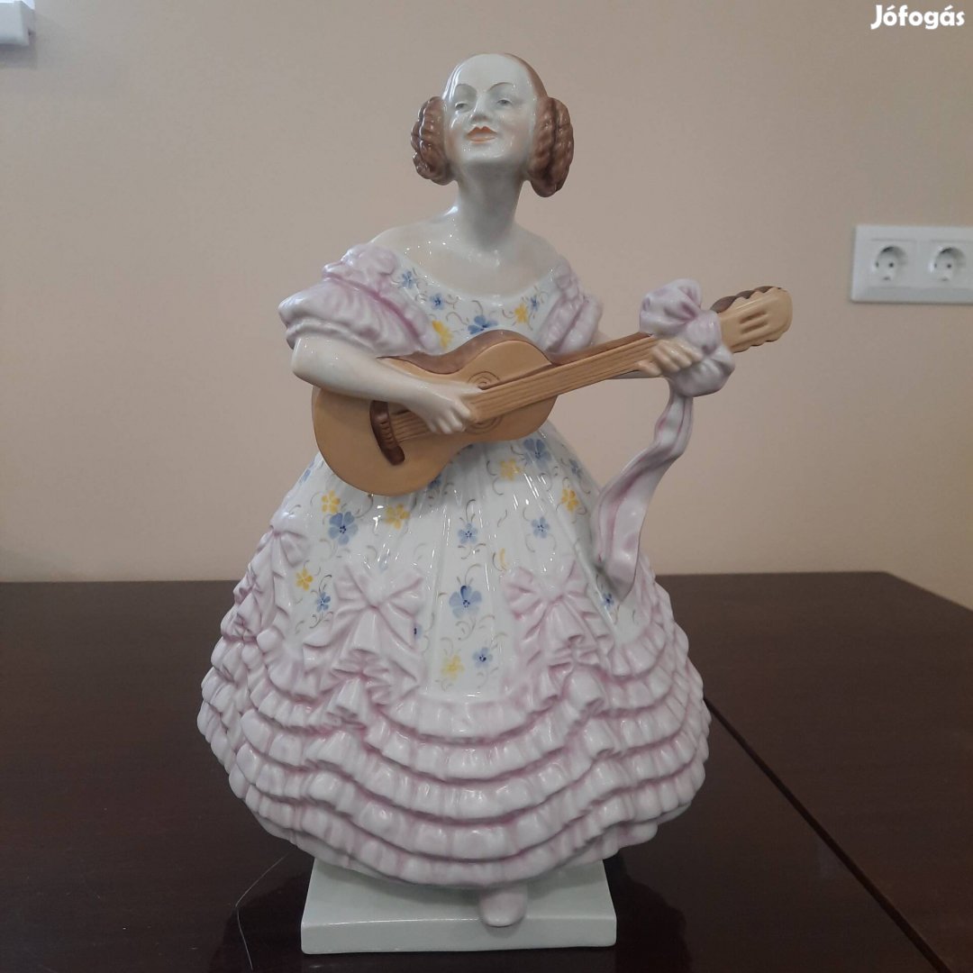 Nagy rózsaszín Herendi virágos ruhás Déryné porcelán figura