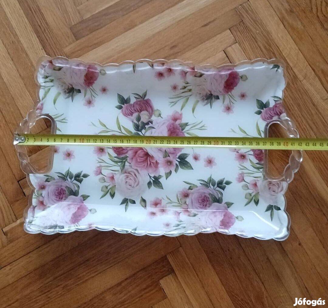 Nagy tálca dísztálca fogantyúval rózsa mintával A