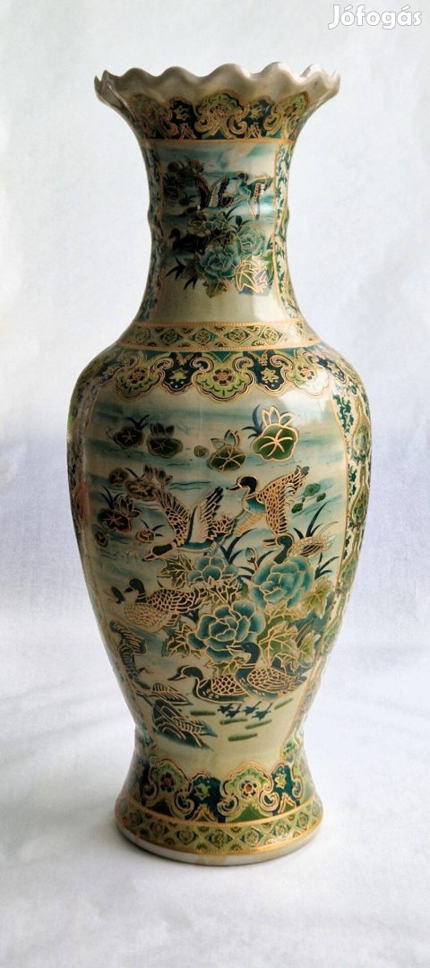 Nagy távol-keleti porcelán padlóváza - zöld /arany, kacsamotívumos