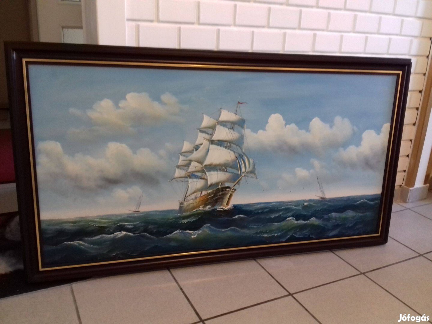 Nagyméretű festmény vászon kép tenger hajóval - aláírt