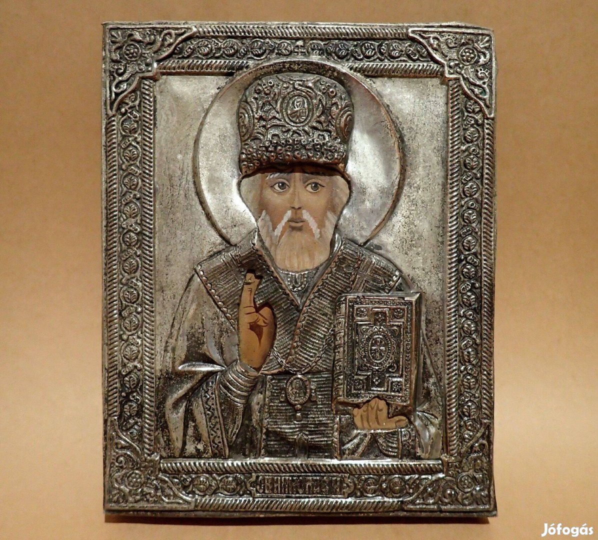 Nagyon régi antik vintage meseszép okládos alpakka réz fa ortodox ikon