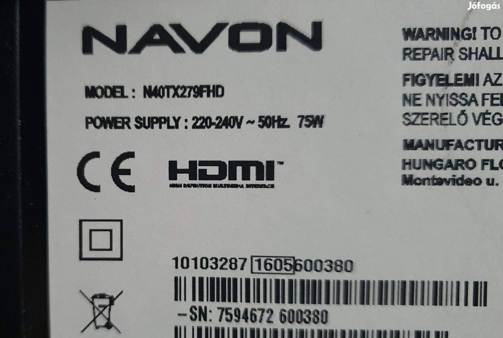 Navon N40TX279FHD 40" LED LCD tv hibás törött alkatrésznek