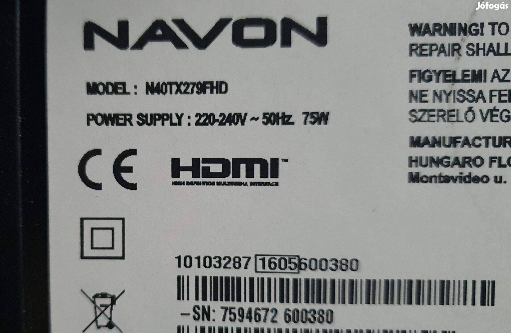 Navon N40TX279FHD 40" LED LCD tv hibás törött alkatrésznek