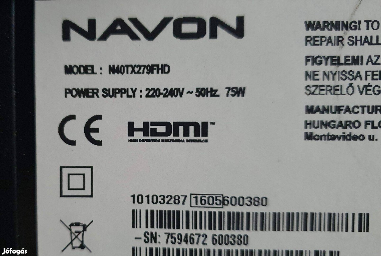 Navon N40TX279FHD 40" LED LCD tv hibás törött alkatrésznek