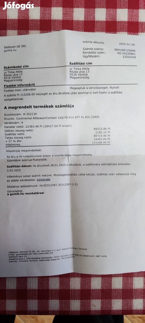 Négyévszakos gumi garnitura eladó 