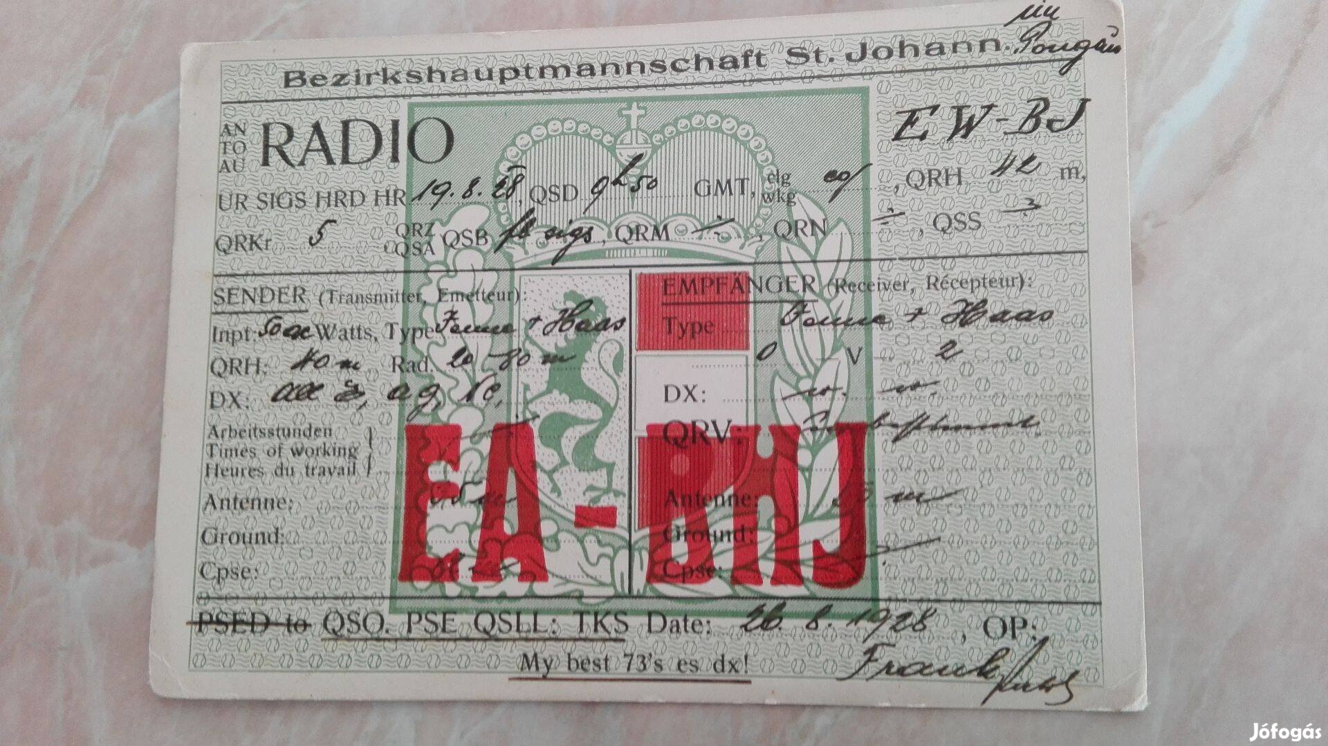 Német 1928-as Rádió Telegram lap Budapestre Ritka db