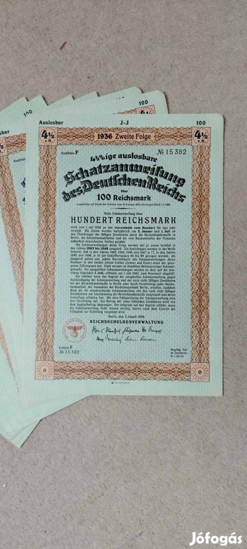 Német Birodalmi 100 Márkás Kincstárjegyek 1936