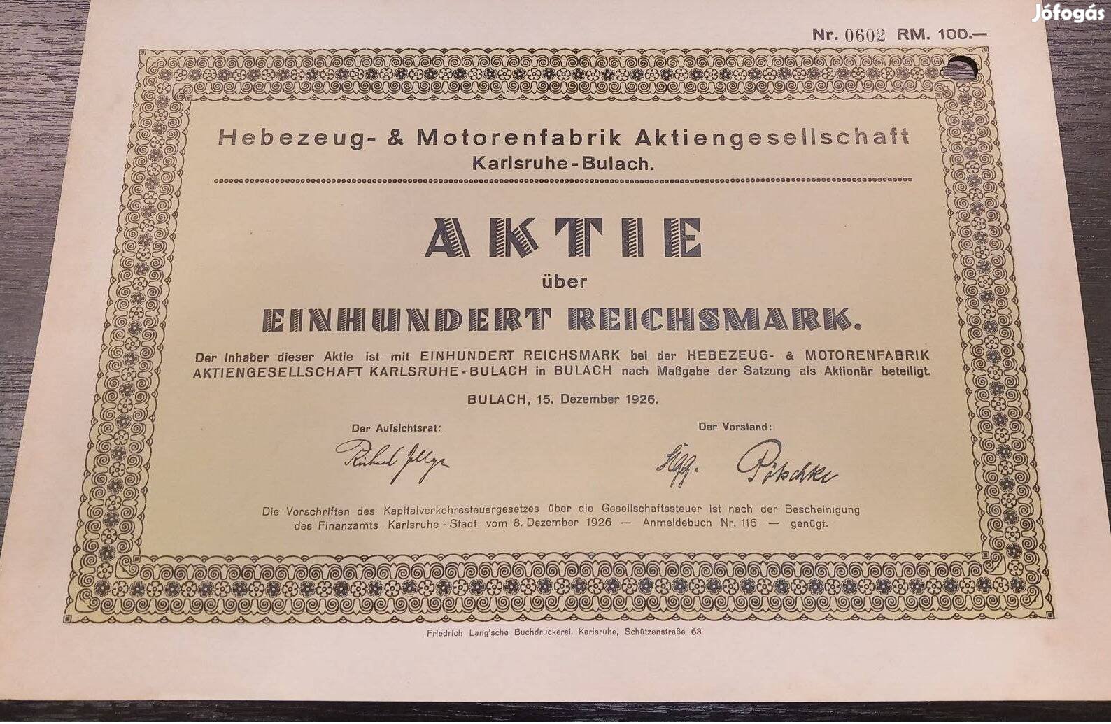 Német Birodalom, motorgyári részvény 1926