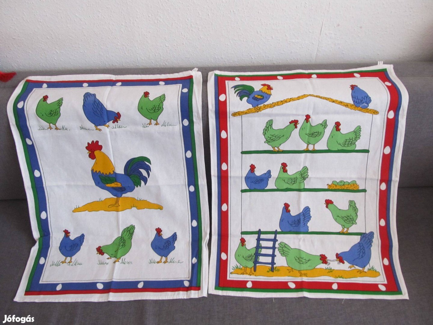Német, kakas-tyúk mintás, pamut vászon konyharuha 2 db