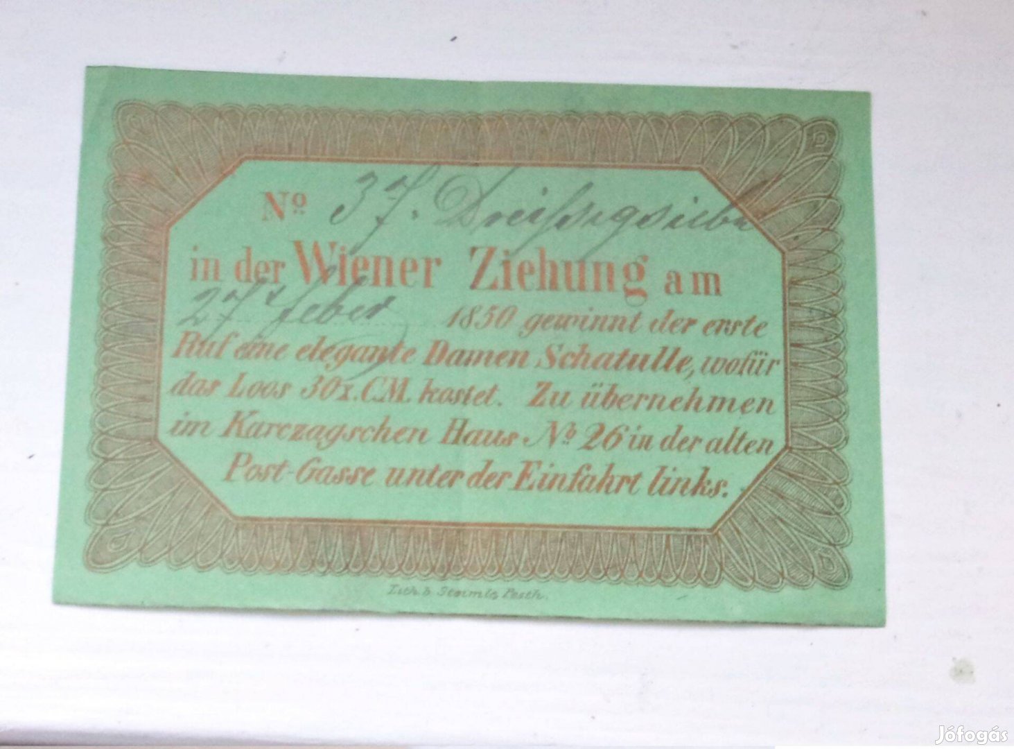 Német nyelvű Sorsjegy 1850 ből 10,7x7,2 cm