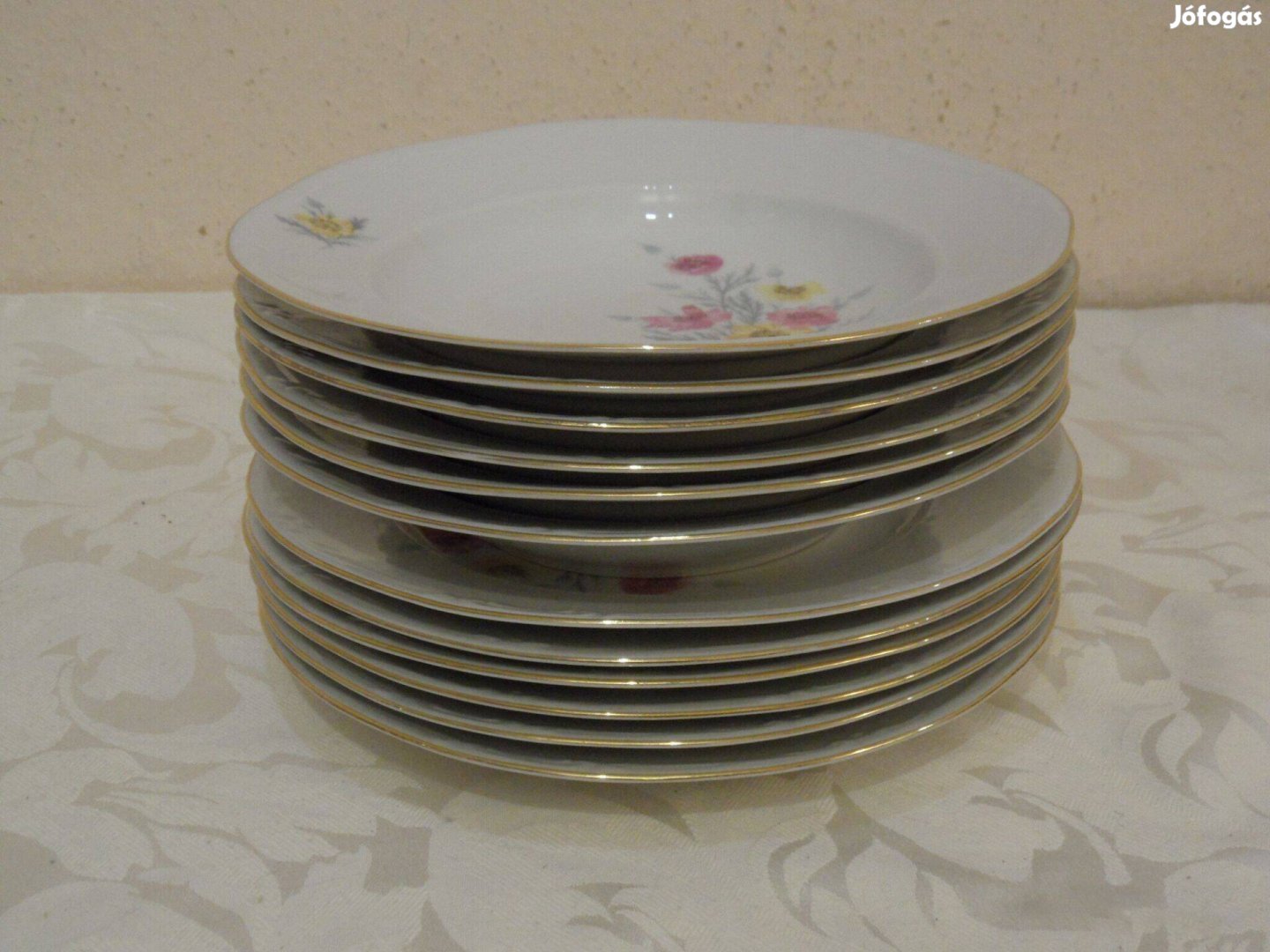 Német porcelán lapos-és mélytányér, pipacsos étkészlet ( 12 db. )