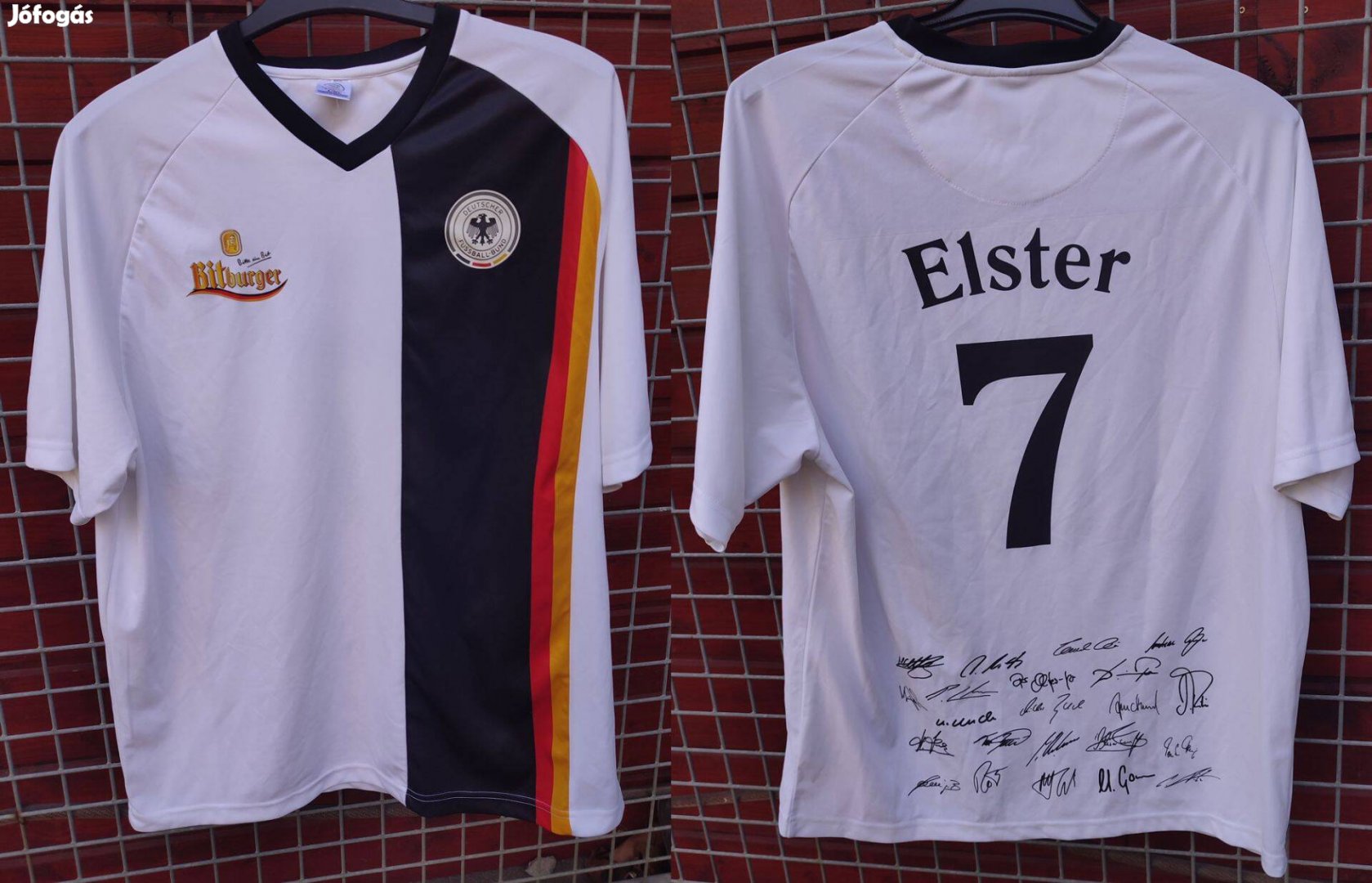 Német válogatott fehér Bitburger, dedikált szurkolói mez póló (L-XL
